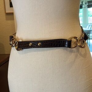 Talbots Black Croc Embossed Genuine Leather 1" With Golden Rings Belt Large